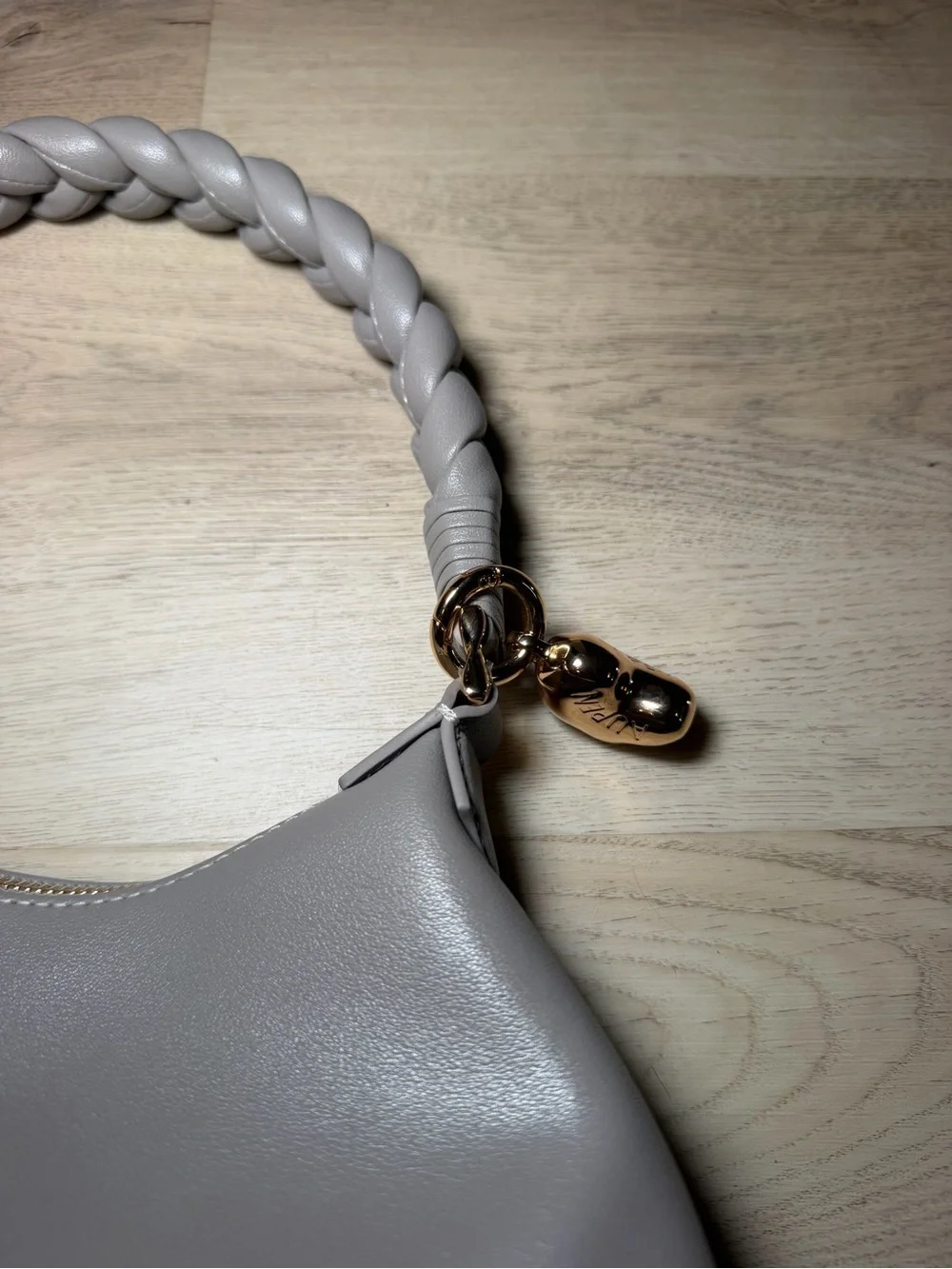 Aupem Soft Gray Braided-Handle Shoulder Bag with Gold Accents